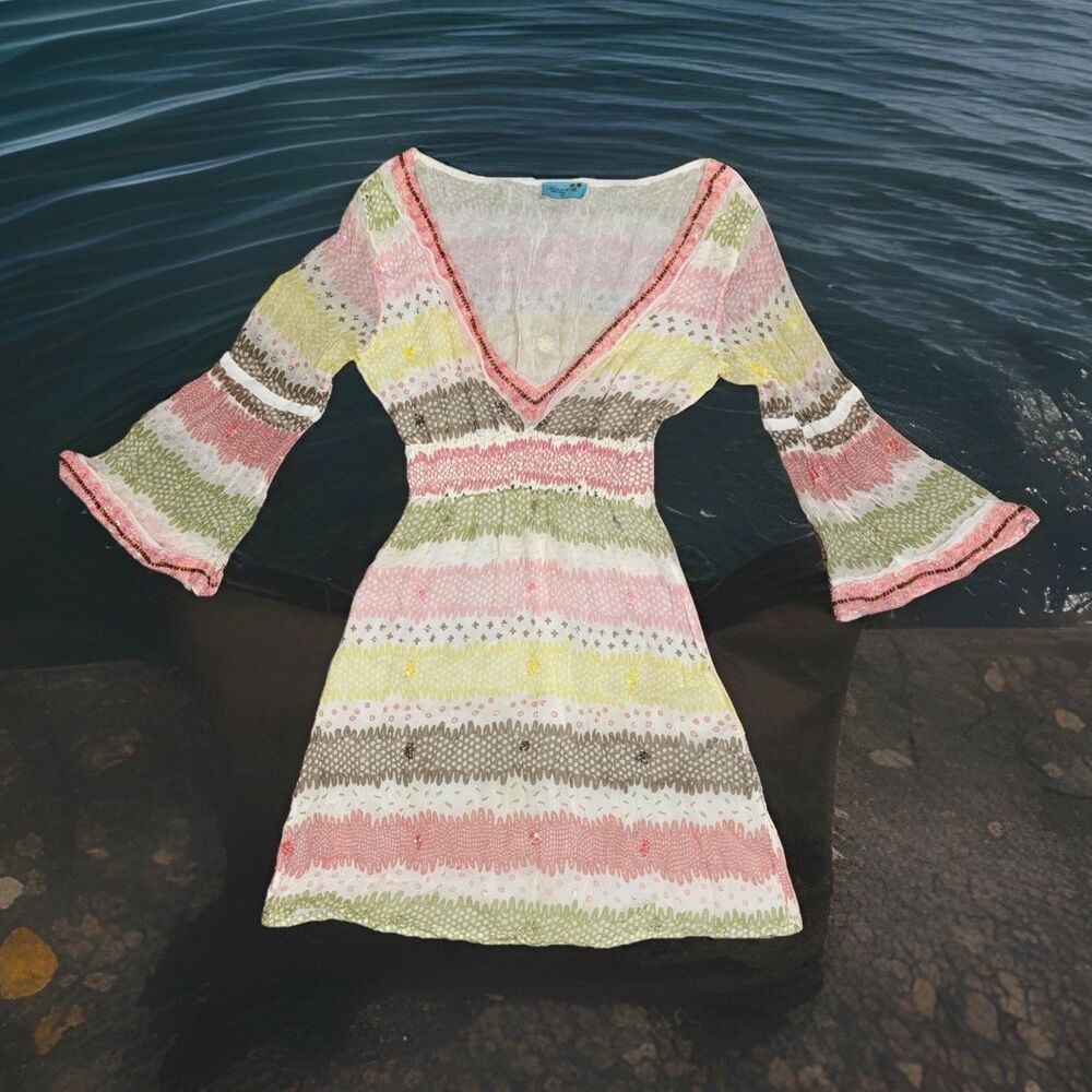 Letarte HANDMADE Silk Bead Sequin Embellished V-Neck Sz M Bell Sleeves‎ Coverup